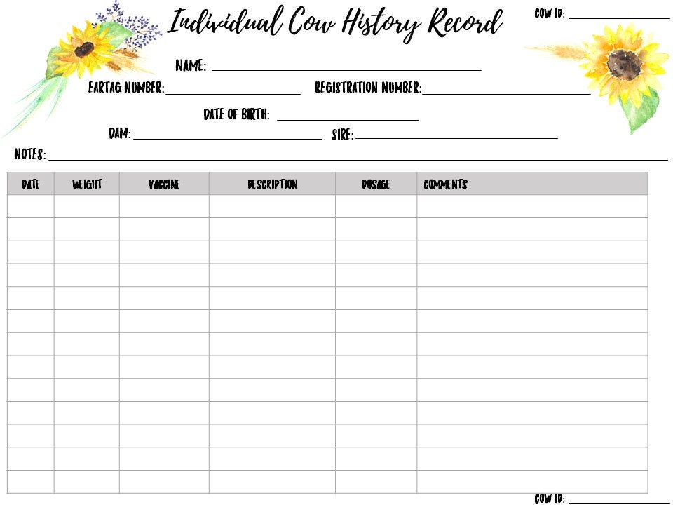 Sunflower Cattle Record Bull Cow And Calf Record Sheet Etsy