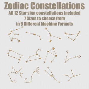 Könnte beinhalten: Ein Bild mit dem Text "Zodiac Constellations" über Illustrationen der zwölf Tierkreissternbilder. Der Text gibt auch an, dass alle 12 Sternzeichen-Konstellationen enthalten sind, mit 7 Größen und 9 Maschinenformaten.