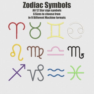Símbolos dos signos da astrologia do zodíaco - Desenhos de bordado à máquina - 7 tamanhos - 9 formatos - Download instantâneo