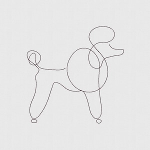 May include: A minimalist line drawing of a poodle dog in black against a white background. The continuous line art depicts the dog's silhouette, including its distinctive curly tail and head. The artwork is simple and elegant.