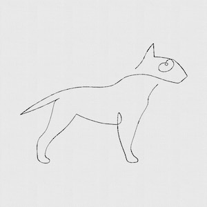 May include: A minimalist line drawing of a dog in black against a white background. The artwork depicts the dog in a standing pose, with a simple, continuous line forming its silhouette. The dog's head features a distinctive spiral detail.