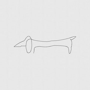 May include: A minimalist line drawing of a dachshund dog in black against a white background. The dog's form is created with a single, continuous line, depicting its elongated body, floppy ear, and tail. The artwork has a simple, modern aesthetic.