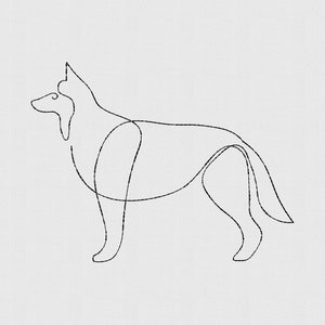 May include: A minimalist line drawing of a dog in black against a white background. The artwork depicts the dog in a side profile, showcasing its form with a continuous, flowing line. The dog's features, including its ears and tail, are clearly defined.