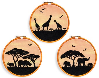 African Savanna Sunsets Cross Stitch Patterns - by Fiona Baker | Instant Download PDF | Set of Three – Giraffe, Rhino, Elephant Silhouettes