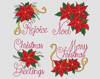 Christmas Poinsettia Cross Stitch Patterns - by Fiona Baker | Instant Download PDF | Set of 4 designs