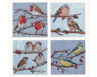 Winter Birds Cross Stitch Patterns - by Fiona Baker | Instant Download PDF | Set of Four Wild Birds – Robin, Chaffinch, Sparrow, Blue Tit