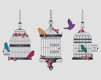 Birds and Birdcages, Floral Birdcages, Birds Silhouette, Cross Stitch Pattern - by Fiona Baker | Instant Download PDF