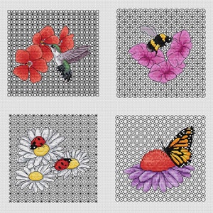 Blackwork Floral Cross Stitch Patterns - by Fiona Baker | Instant Download PDF | Set of 4 – Hummingbird, Bee, Ladybirds, Butterfly