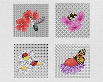 Blackwork Floral Cross Stitch Patterns - by Fiona Baker | Instant Download PDF | Set of 4 – Hummingbird, Bee, Ladybirds, Butterfly