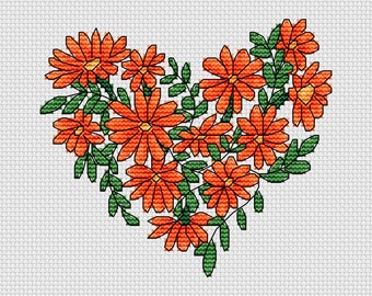 Flower Hearts - Orange Gerbera Daisy, Cross Stitch Pattern - by Fiona Baker | Instant Download PDF