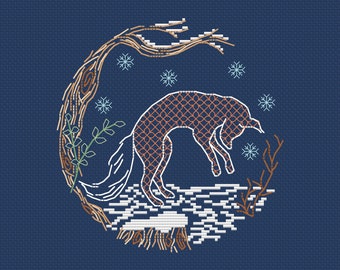 Winter Woodland Fox with Blackwork, Cross Stitch Pattern - by Fiona Baker | Instant Download PDF