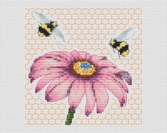 Flower and Bees Honeycomb Blackwork-Style Cross Stitch Pattern - by Fiona Baker | Instant Download PDF