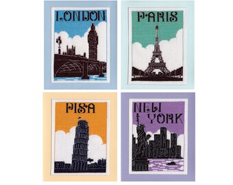 City Posters Cross Stitch Patterns - by Fiona Baker | Instant Download PDF | Set of 4 silhouette designs - London, Paris, Pisa, New York