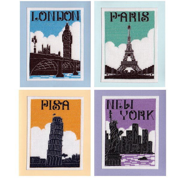 City Posters Cross Stitch Patterns - by Fiona Baker | Instant Download PDF | Set of 4 silhouette designs - London, Paris, Pisa, New York