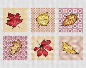 Autumn/Fall Leaves with Blackwork, Cross Stitch Patterns (set of 6)  - by Fiona Baker | Instant Download PDF