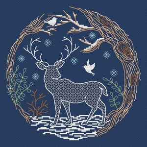 Winter Woodland Stag with Blackwork, Cross Stitch Pattern - by Fiona Baker | Instant Download PDF