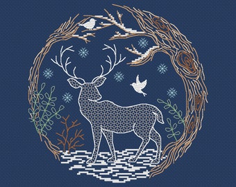 Winter Woodland Stag with Blackwork, Cross Stitch Pattern - by Fiona Baker | Instant Download PDF