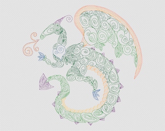 Line Art Animals, Dragon - by Fiona Baker | Instant Download PDF Cross Stitch Pattern