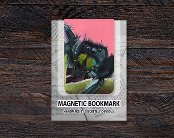 Springende Spinne 2x3" magnetisch matt illustriertes Fine Art Lesezeichen | Lesen, Bibliothek, Bücherwurm