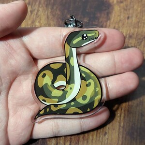 May include: A clear acrylic keyring featuring a cartoon illustration of a snake with a coiled body. The snake has a dark green and mustard yellow patterned skin with a white underbelly and large, round, black eyes with white highlights.