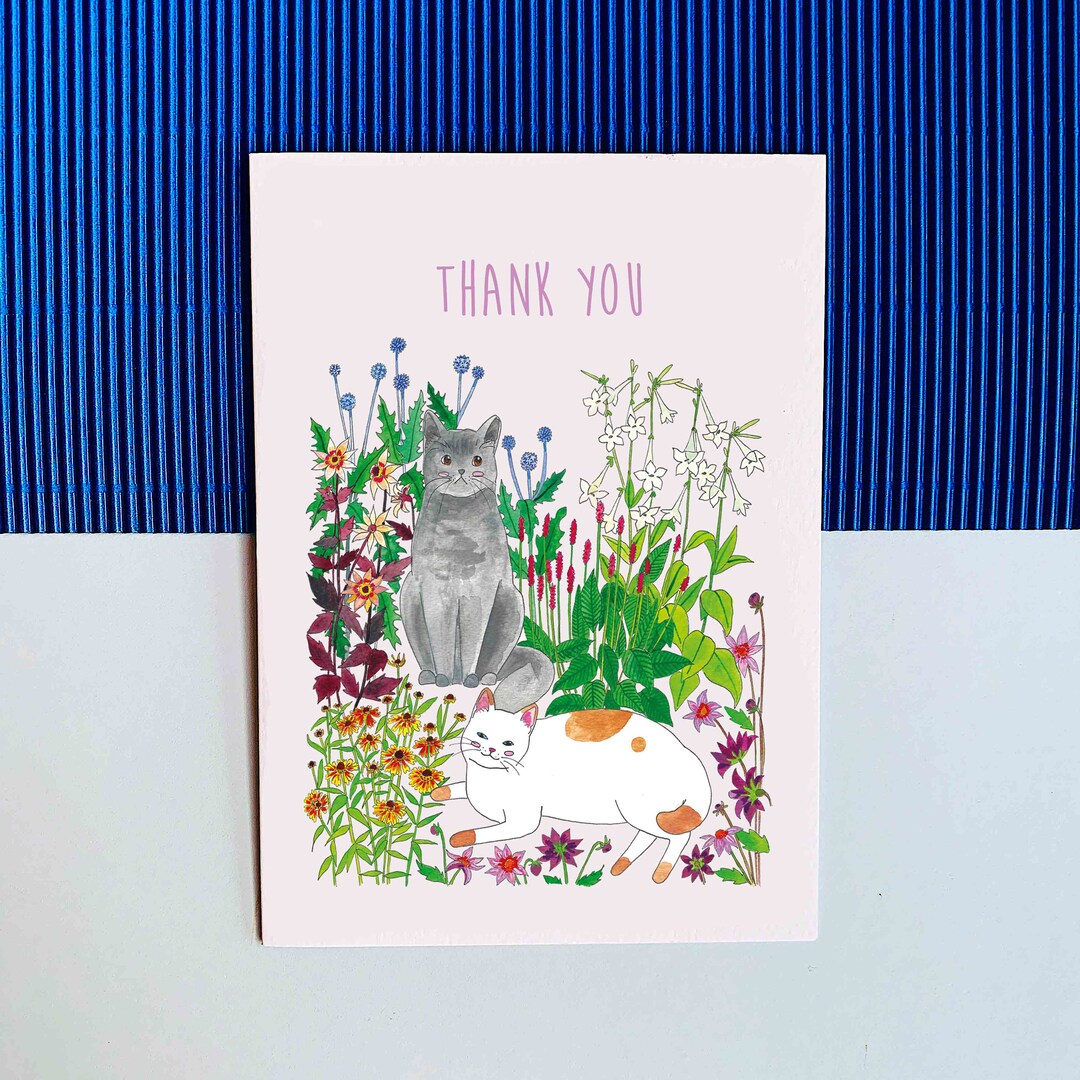 Cats and Flowers Watercolor Thank You Card - Etsy UK