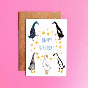 Happy Birthday Runner Duck Card, Illustrated Watercolour Card, Greetings Card, Blank Card, Party Hat Birthday Card