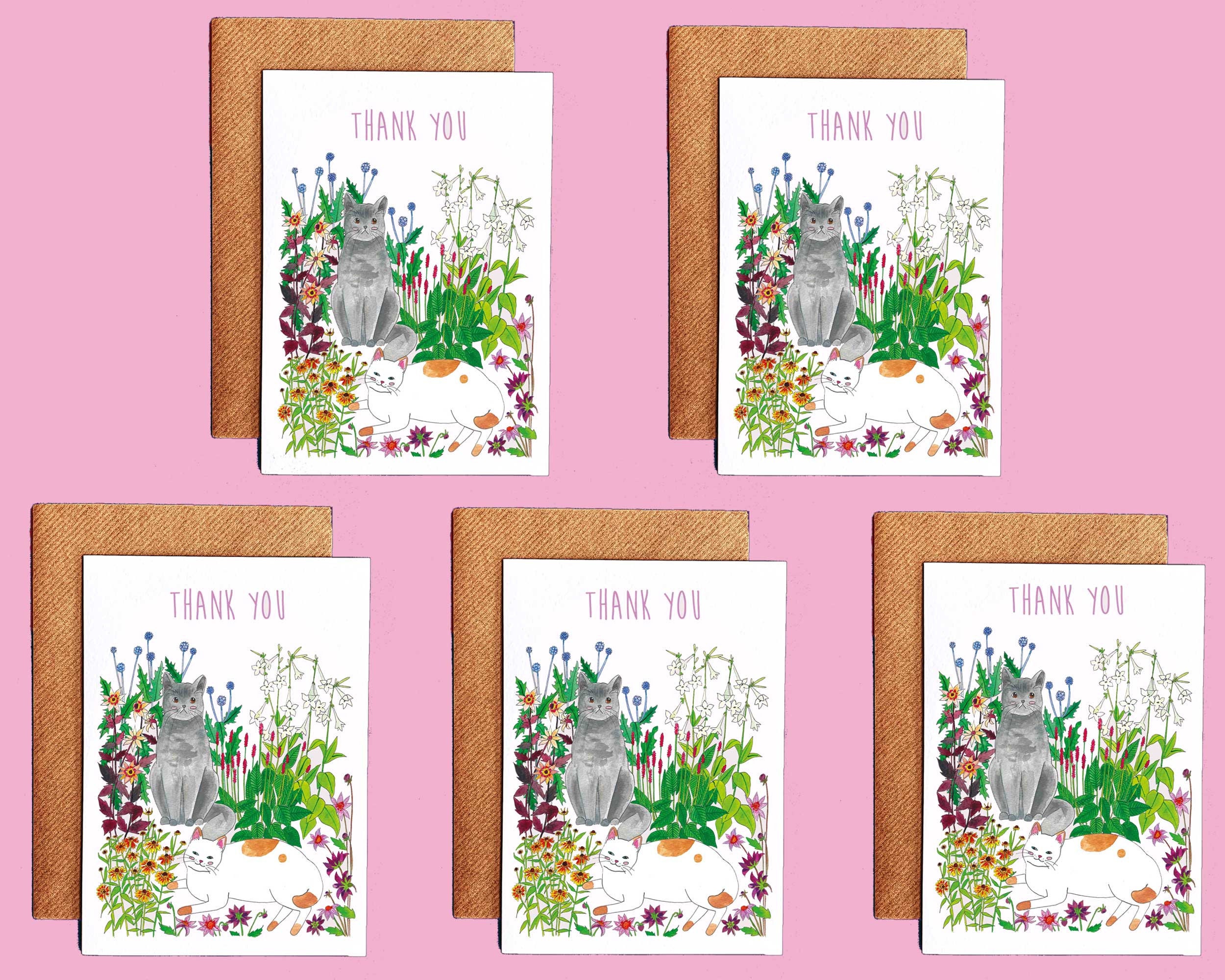 Cats and Flowers Watercolor Thank You Card - Etsy UK