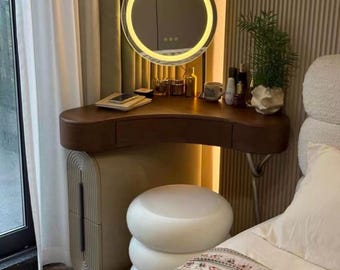 Modern Corner Vanity Table with Mirror and Stool, Minimalist Wood Desk