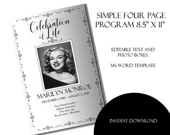 Simple Black and White Funeral Program Template Memorial | Etsy