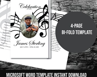 Black and White Music Notes Funeral Program Template | Memorial Program | Printable Microsoft Word | Order of Service