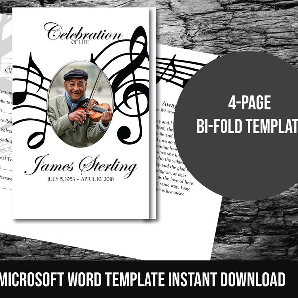 Black and White Music Notes Funeral Program Template | Memorial Program | Printable Microsoft Word | Order of Service