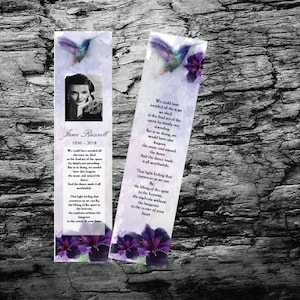 Funeral Bookmark Template | Violet Iris & Hummingbird | Memorial Bookmark Program | Printable Microsoft Word | Keepsake