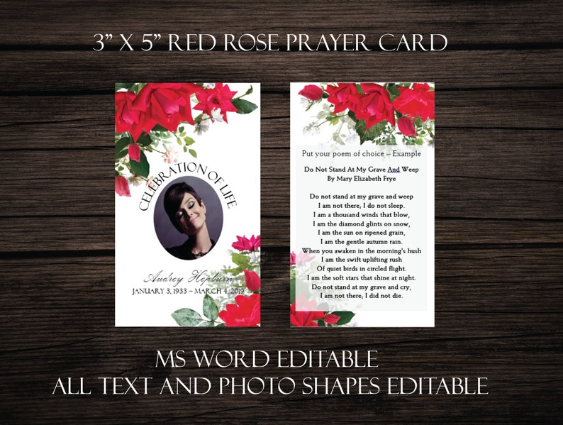 Funeral Prayer Card Template Red Roses Memorial Prayer Etsy