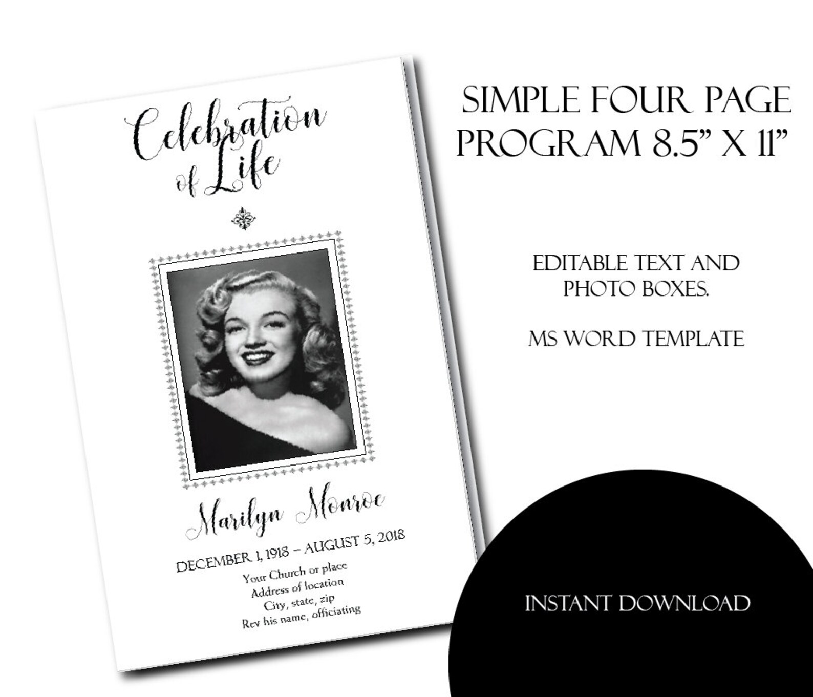 Simple Black and White Funeral Program Template Memorial | Etsy