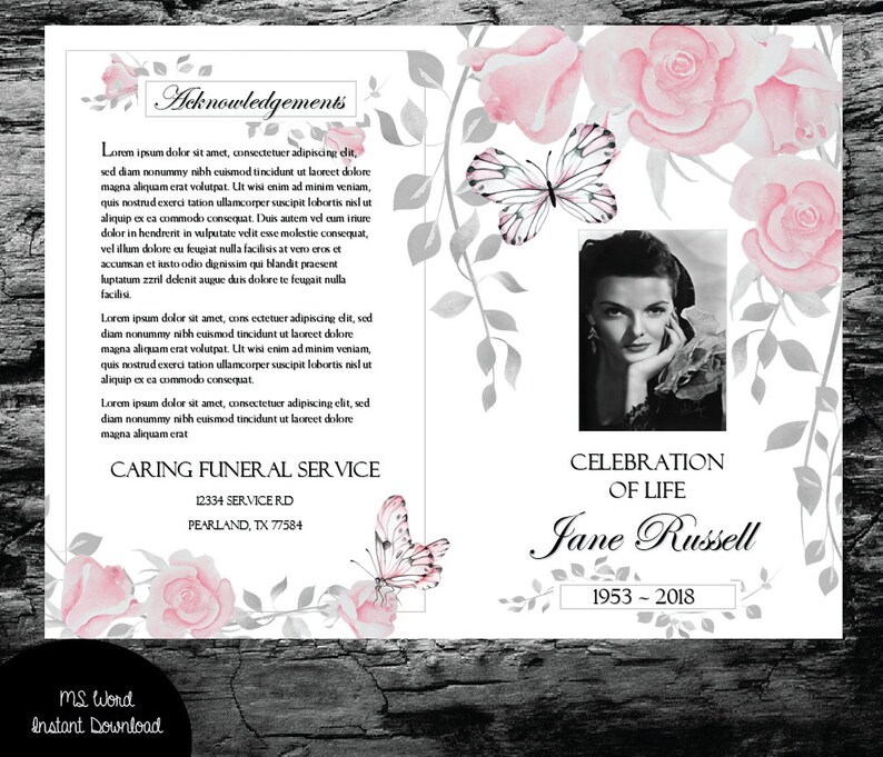Funeral Program Template Butterfly Baby Pink Rose Watercolor Etsy
