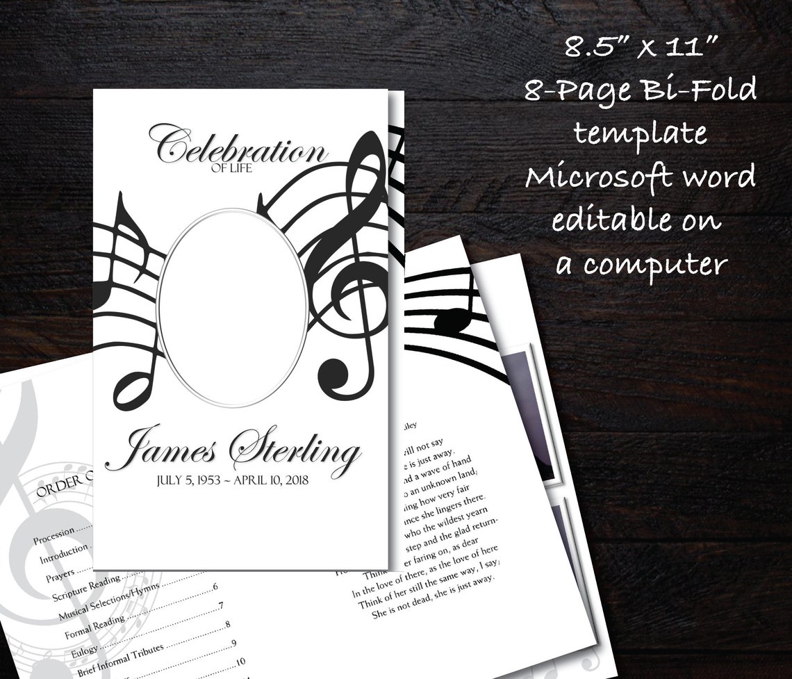 Black and White Music Notes Funeral Program Template 8 Pages Memorial ...