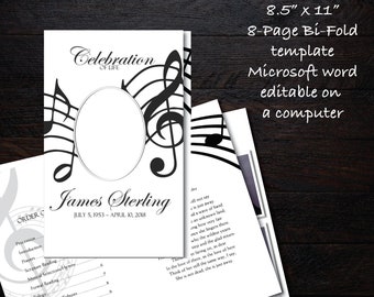 Black and White Music Notes Funeral Program Template 8 Pages | Memorial Program | Printable Microsoft Word | Order of Service