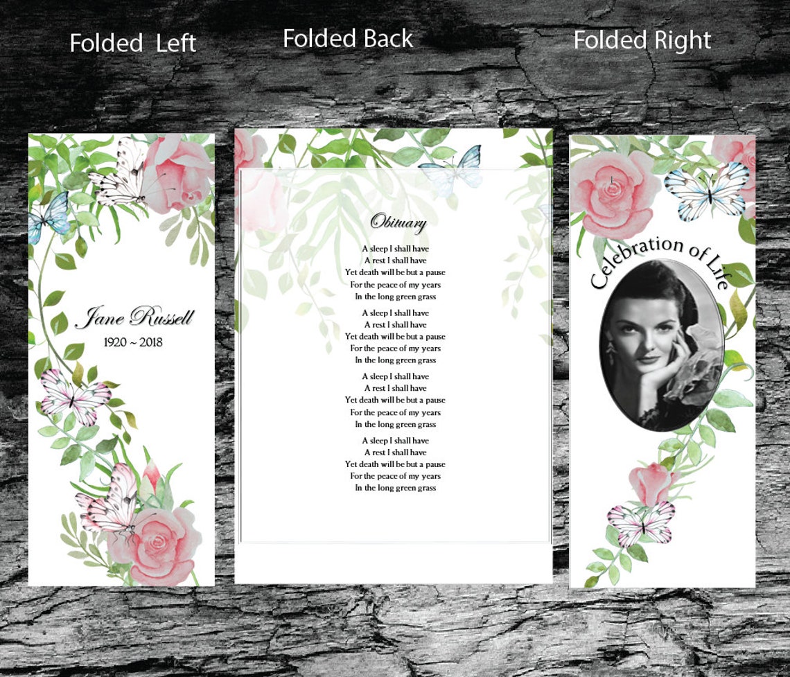 Gate Fold Funeral Program Template 17x11 Butterfly Rose Garden