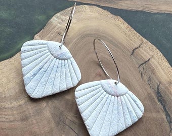 Stone White Polymer Clay Dangle Hoop Earrings: Unique Fall Jewelry, Lightweight, Hypoallergenic