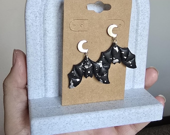Moon Bat Polymer Clay Dangle Earrings, Halloween Jewelry