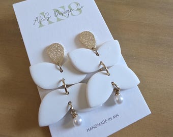 White Polymer Clay Dangle Earrings: Gold Accent Pearl Drop, Handmade, Lightweight, Hypoallergenic