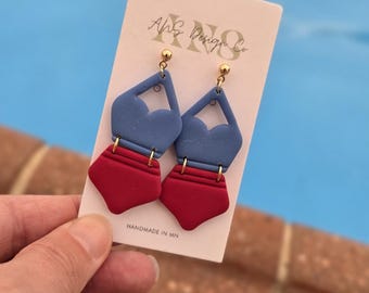 Red, White & Cute Bikini Clay Earrings | 4th of July Dangle Earrings | Summer Statement Earrings | Handmade in MN | Patriotic Earrings