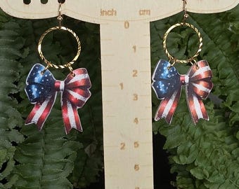 American Flag Clay Earrings: 4th of July Patriotic Dangles, Lightweight, Hypoallergenic, Handmade