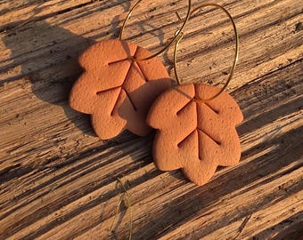Ombre Leaf Hoop Earrings: Polymer Clay Autumn Jewelry, Hypoallergenic Gold Handmade