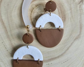 Handmade Chestnut and White Clay Earrings, Fall Dangle Earrings