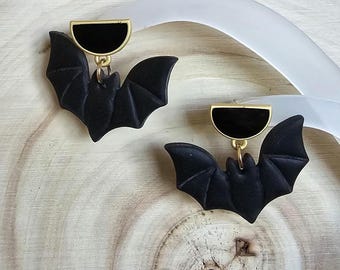 Black Bat Dangle Earrings, Handmade Polymer Clay Halloween Jewelry