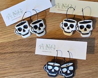 Skull Coffee Mug Earrings: Handmade Polymer Clay Halloween Hoops