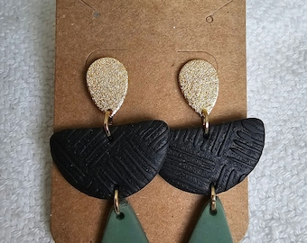 Textured Black & Green Dangle Drop Polymer Clay Earrings