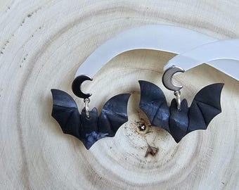 Moon & Bat Dangle Earrings, Polymer Clay Halloween Jewelry