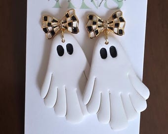 Handmade Halloween Ghost Earrings: Polymer Clay, Checkered Bows, Hypoallergenic